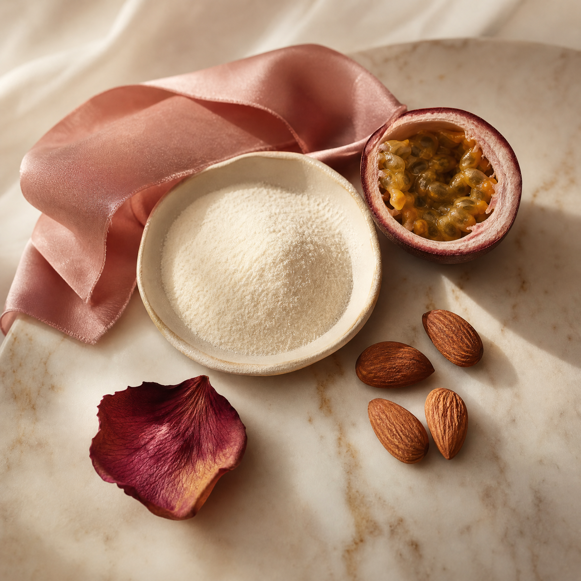 Collagen powder and fresh fruit on cream marble