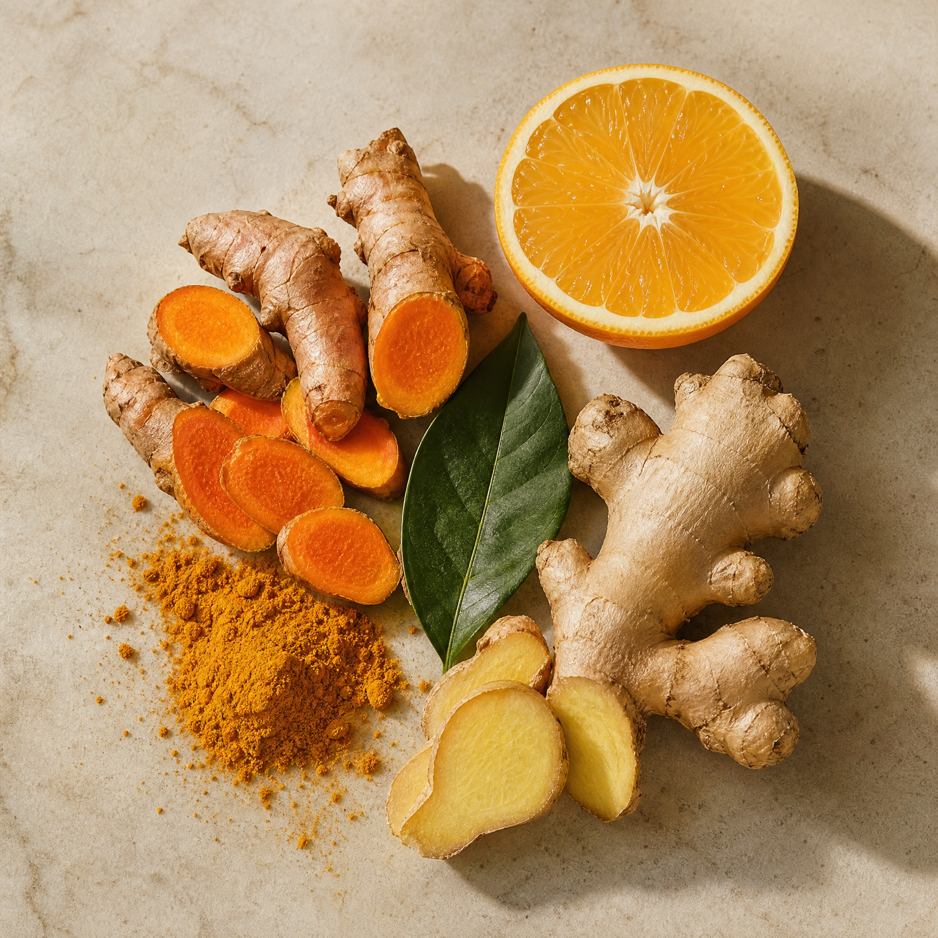 Turmeric, ginger and citrus arranged on a warm surface