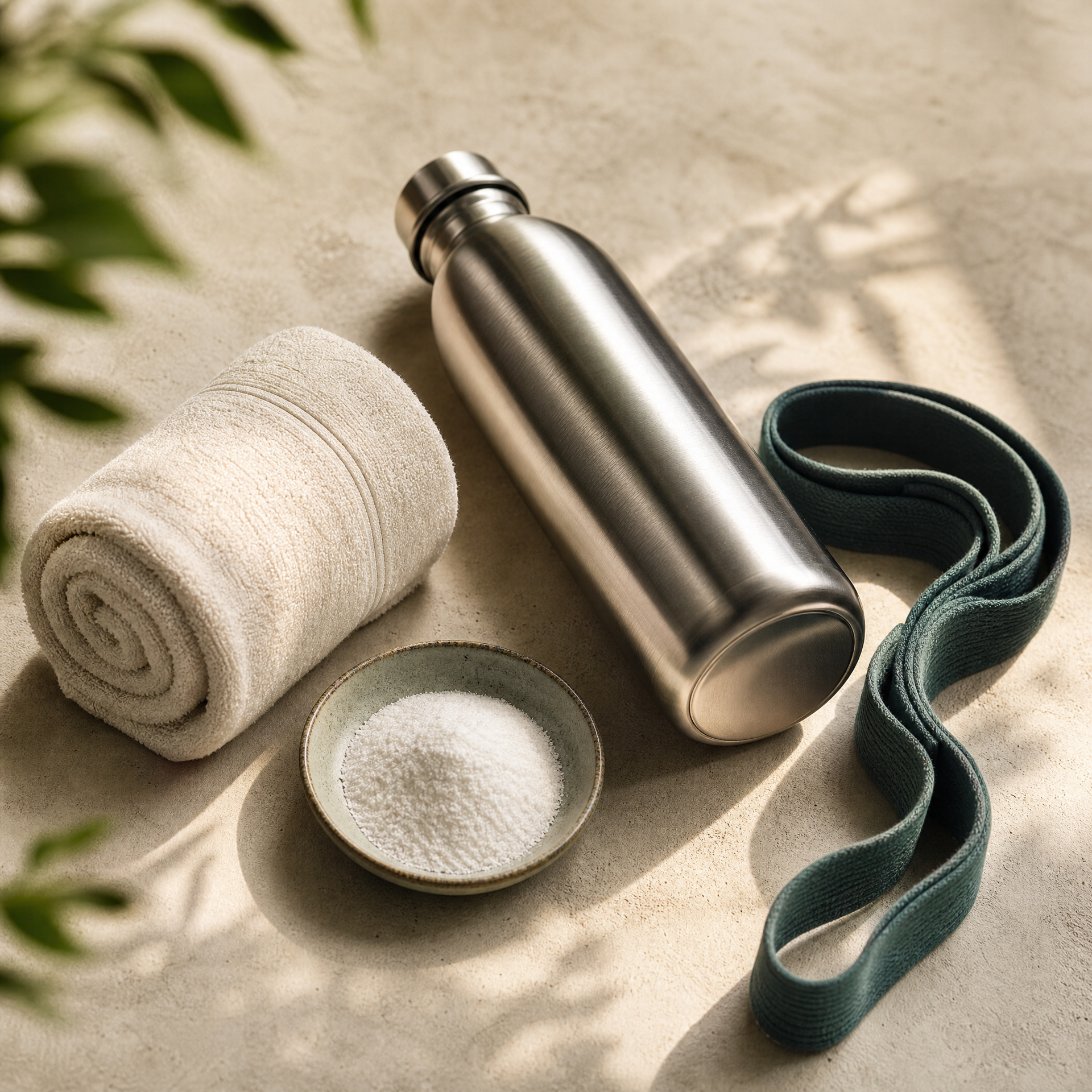 A water bottle and workout essentials for performance and energy