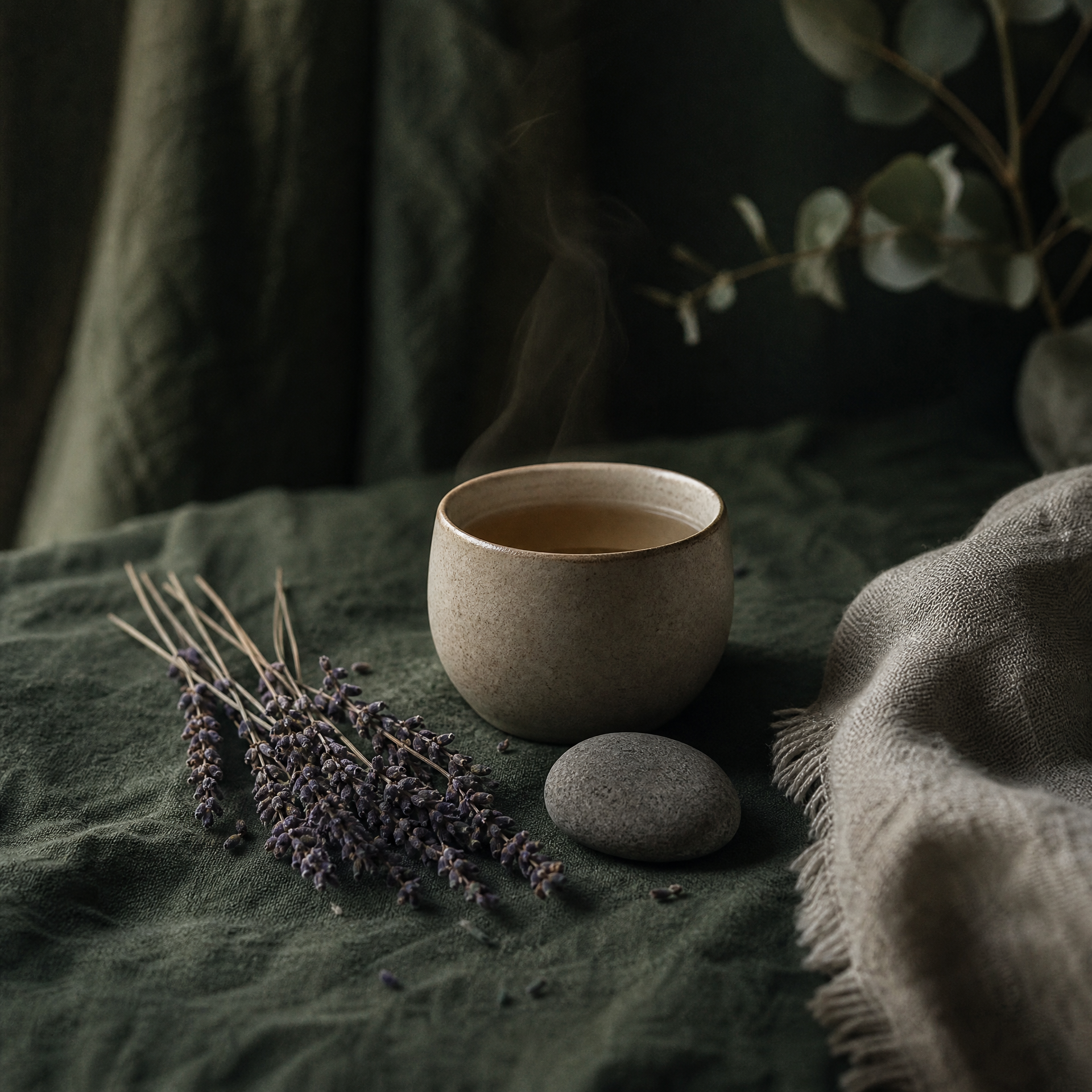 Dried lavender, a ceramic tea cup and soft linen for a calming evening ritual