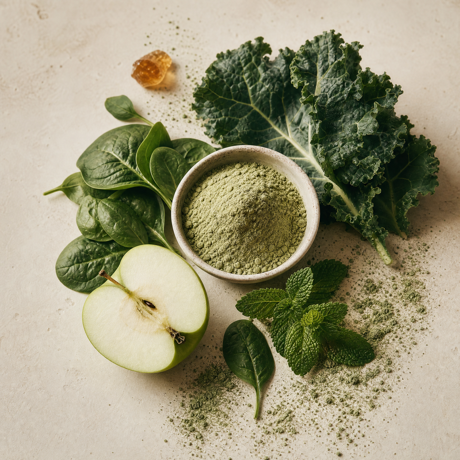 Green powder, greens and fresh ingredients for gut and digestion